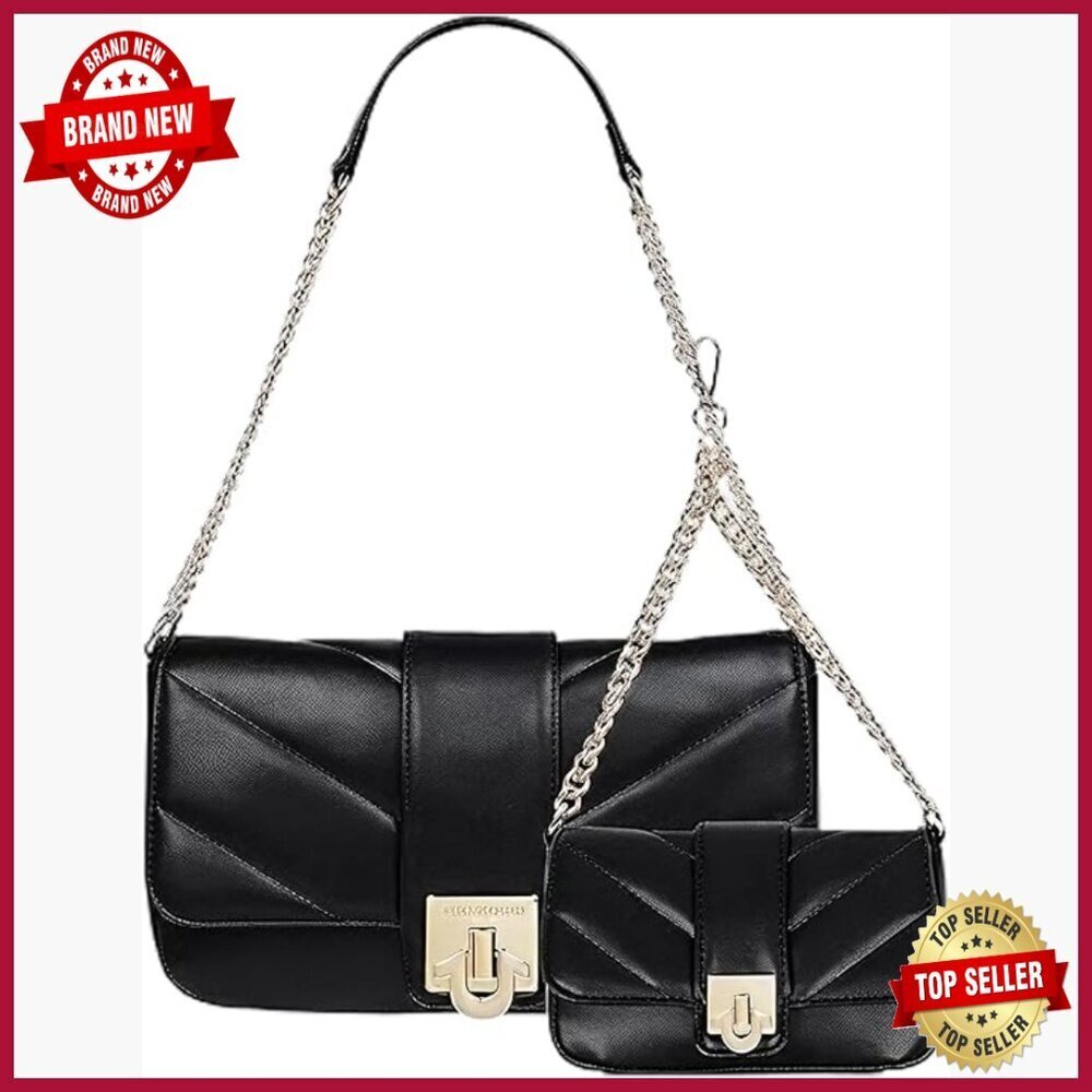 Quilted Shoulder Bag Set with Gold Chain Straps and Mini Bag